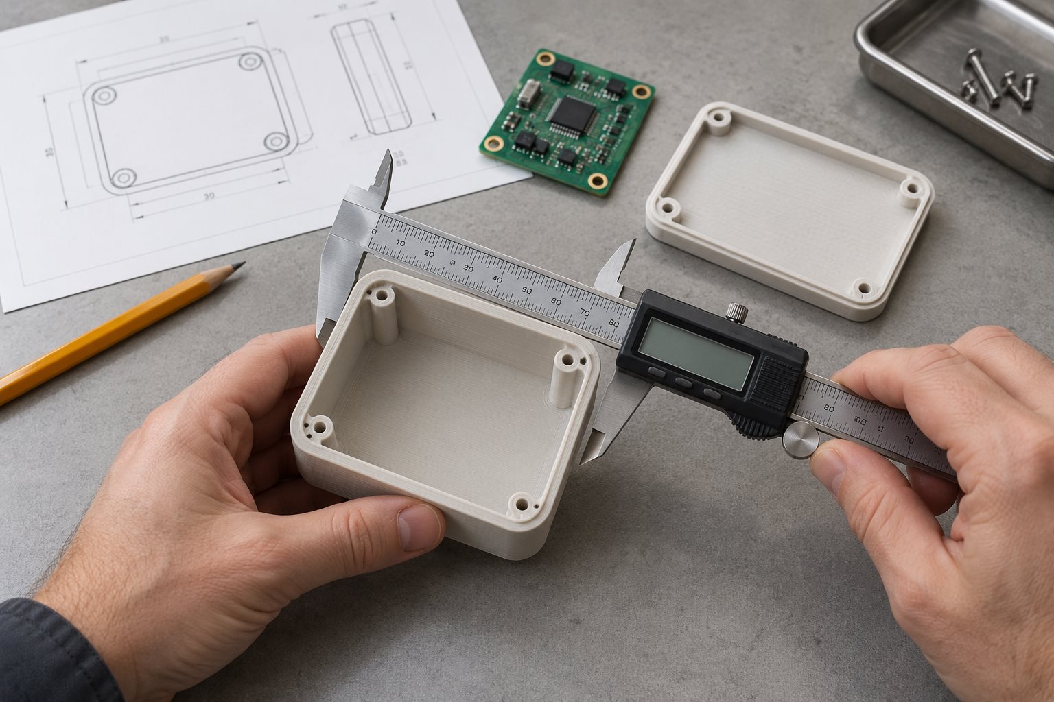 AI-generated illustration of a caliper checking a physical enclosure prototype, with its lid and circuit board