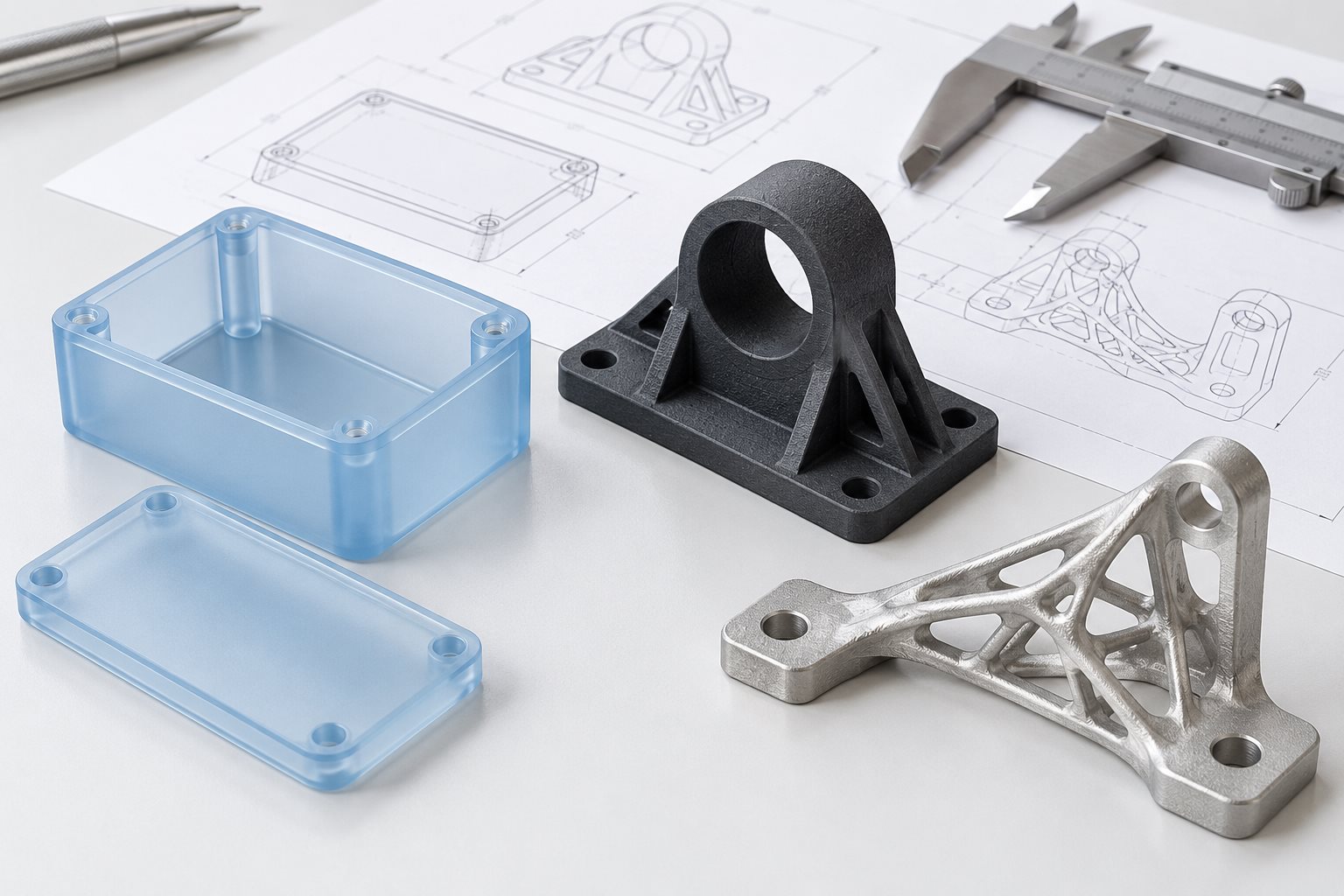 AI-generated illustration of custom resin, nylon and metal prototype parts with drawings and a caliper